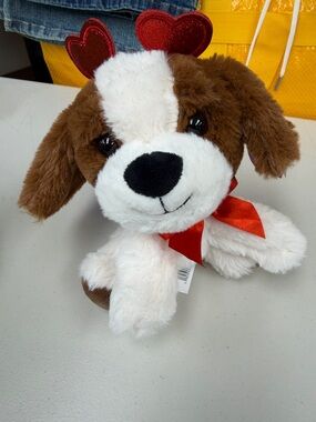 Valentine Brown & White Plush Dog with Red Heart Ears and Bow by Play Right new
